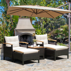 5-Piece Patio Rattan Furniture Set with Ottoman & Wood Top Table