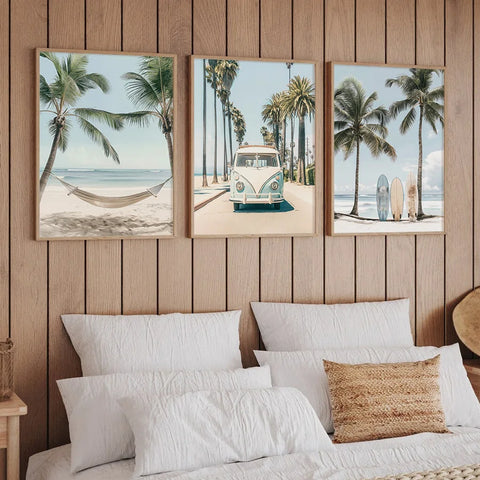 Set of 3 Tropical Surfboard Beach Canvas Wall Art – California Coastal Prints