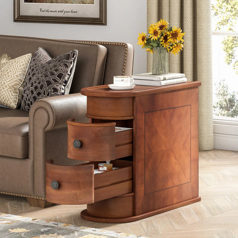 Tribesigns Round Solid Wood End Table with Drawer