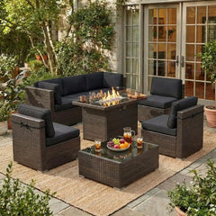 8-Piece Patio Furniture Set with Fire Pit Table & Wicker Sectional Sofa