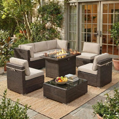 8-Piece Patio Furniture Set with Fire Pit Table & Wicker Sectional Sofa