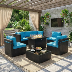 8-Piece Patio Furniture Set with Fire Pit Table & Wicker Sectional Sofa