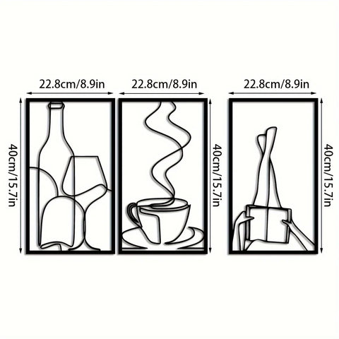 Set of 3 Minimalist Metal Wall Art – Book & Coffee Lover Line Decor
