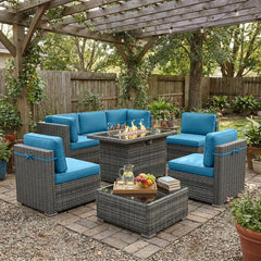 8-Piece Patio Furniture Set with Fire Pit Table & Wicker Sectional Sofa