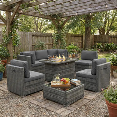 8-Piece Patio Furniture Set with Fire Pit Table & Wicker Sectional Sofa