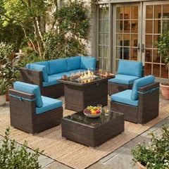 8-Piece Patio Furniture Set with Fire Pit Table & Wicker Sectional Sofa