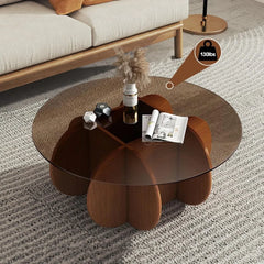 Modern Round Glass Coffee Table with Solid Wood Legs