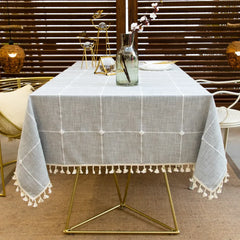 Grey Cotton Linen Embroidery Tassel Square Tablecloth
