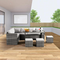 7-Piece Grey Wicker Patio Dining Set with Chairs & Ottoman