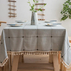 Grey Cotton Linen Embroidery Tassel Square Tablecloth