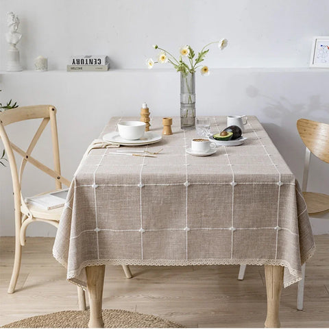 Grey Cotton Linen Embroidery Tassel Square Tablecloth