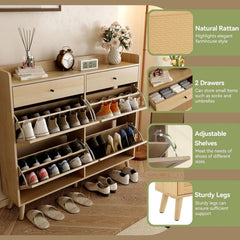 Rattan Shoe Cabinet with 4 Flip Drawers & 2 Storage Drawers
