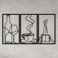 Set of 3 Minimalist Metal Wall Art – Book & Coffee Lover Line Decor
