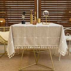 Grey Cotton Linen Embroidery Tassel Square Tablecloth