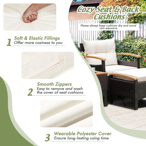 5-Piece Patio Rattan Furniture Set with Ottoman & Wood Top Table