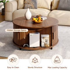 31.5" Round Coffee Table with 360° Sliding Storage Door