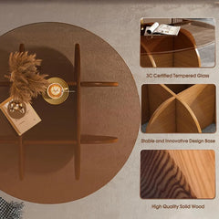 Modern Round Glass Coffee Table with Solid Wood Legs