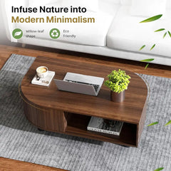 Mid-Century Leaf Coffee Table with Hidden Storage & Sliding Door