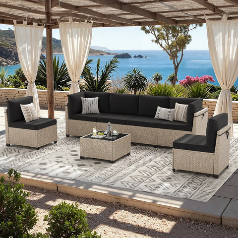 7-Piece Outdoor Rattan Patio Furniture Set with Glass Table