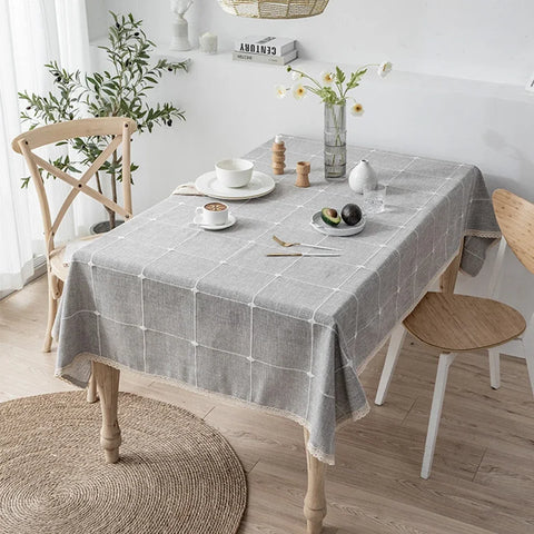Grey Cotton Linen Embroidery Tassel Square Tablecloth