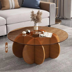 Modern Round Glass Coffee Table with Solid Wood Legs