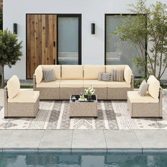 7-Piece Outdoor Rattan Patio Furniture Set with Glass Table