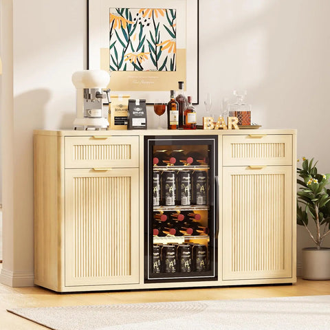 Wine Bar Cabinet with Mini Fridge Space & Hidden Trash Storage