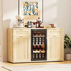 Wine Bar Cabinet with Mini Fridge Space & Hidden Trash Storage
